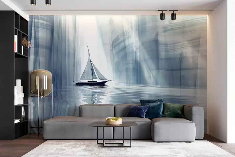 murales de pared Barco en el agua en estilo futurista con colores azules w01338