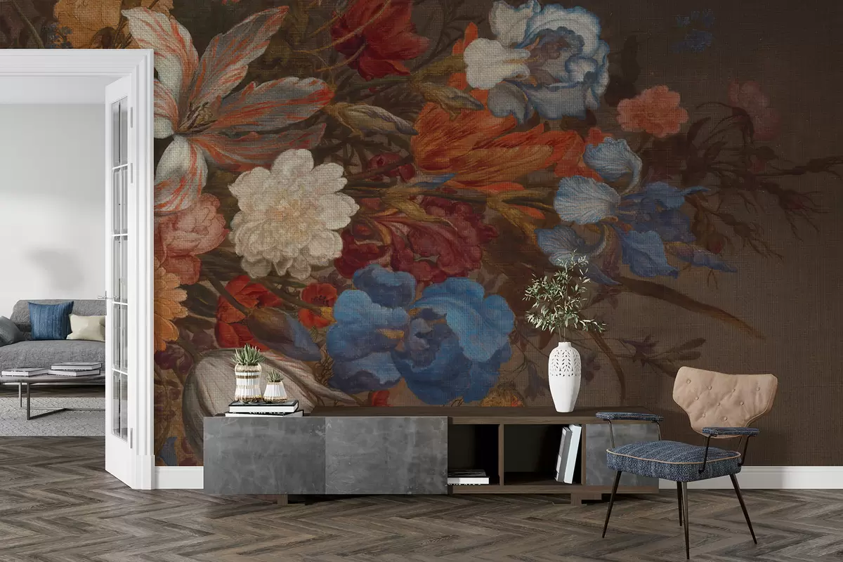 murales de pared Un ramo vibrante de flores coloridas que incluye rosas, claveles y otras flores sobre un fondo vintage. w08146