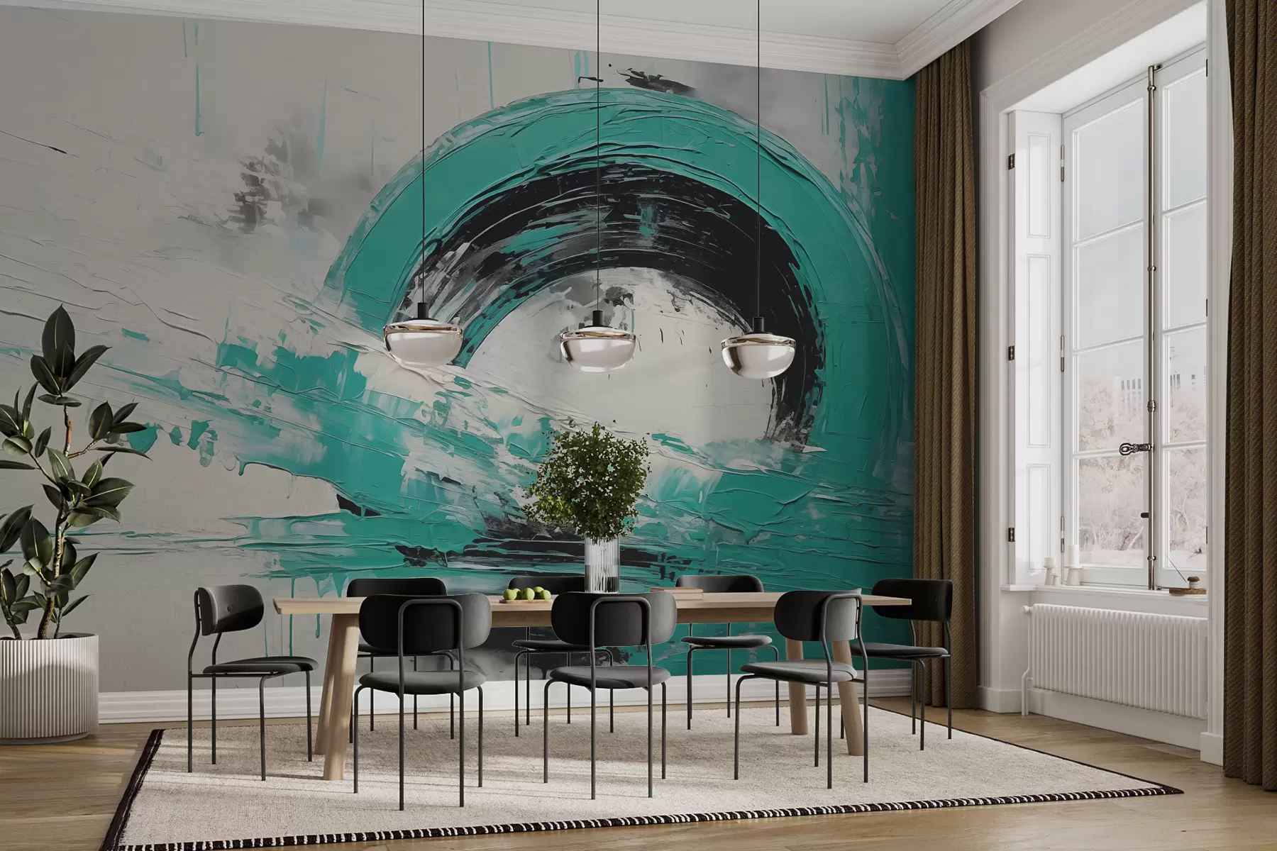 murales de pared Figuras redondeadas abstractas con trazos de pintura negra turquesa sobre fondo gris con rayas texturizadas w00733