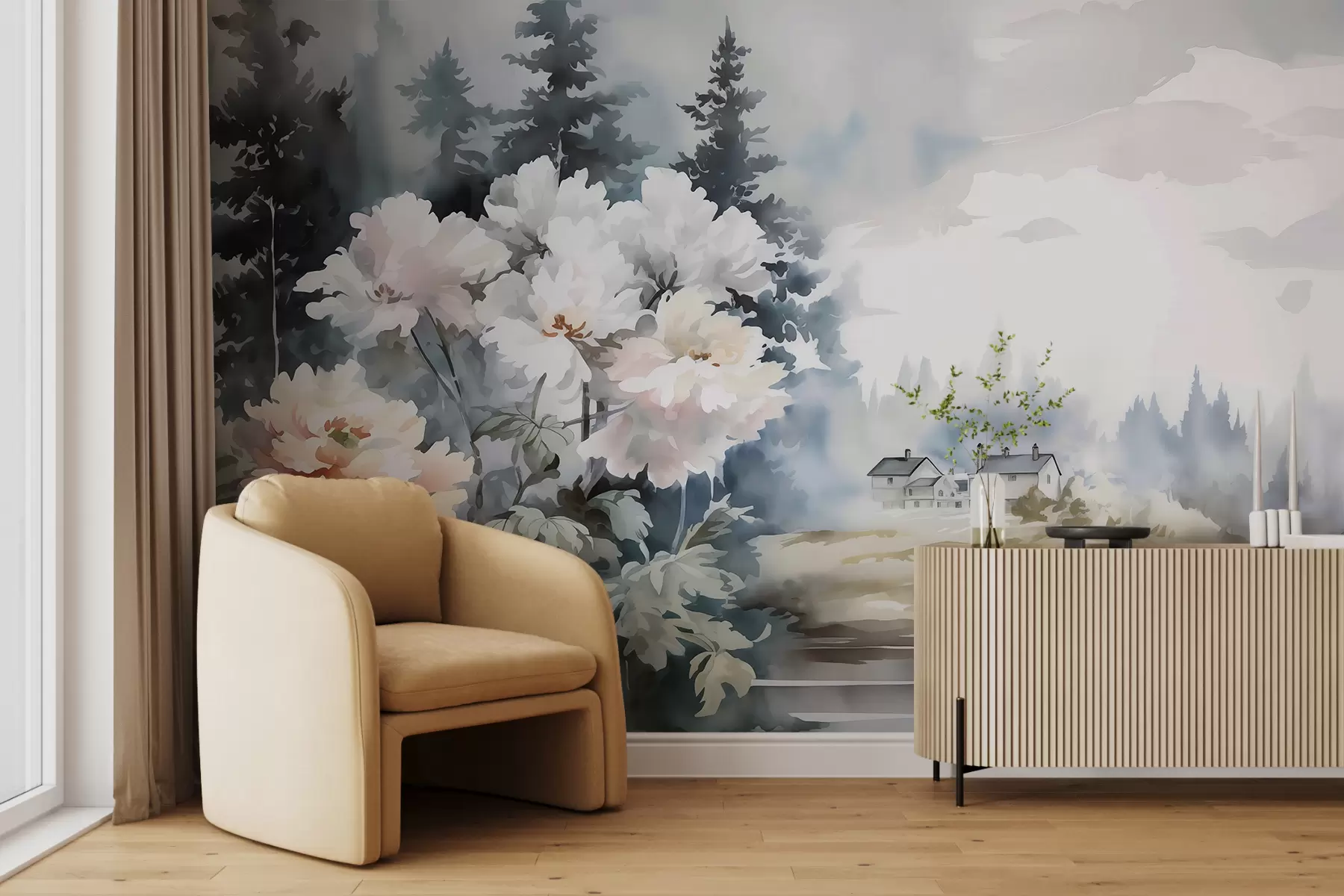 murales de pared Paisaje campestre con casa y flores acuarela w01210