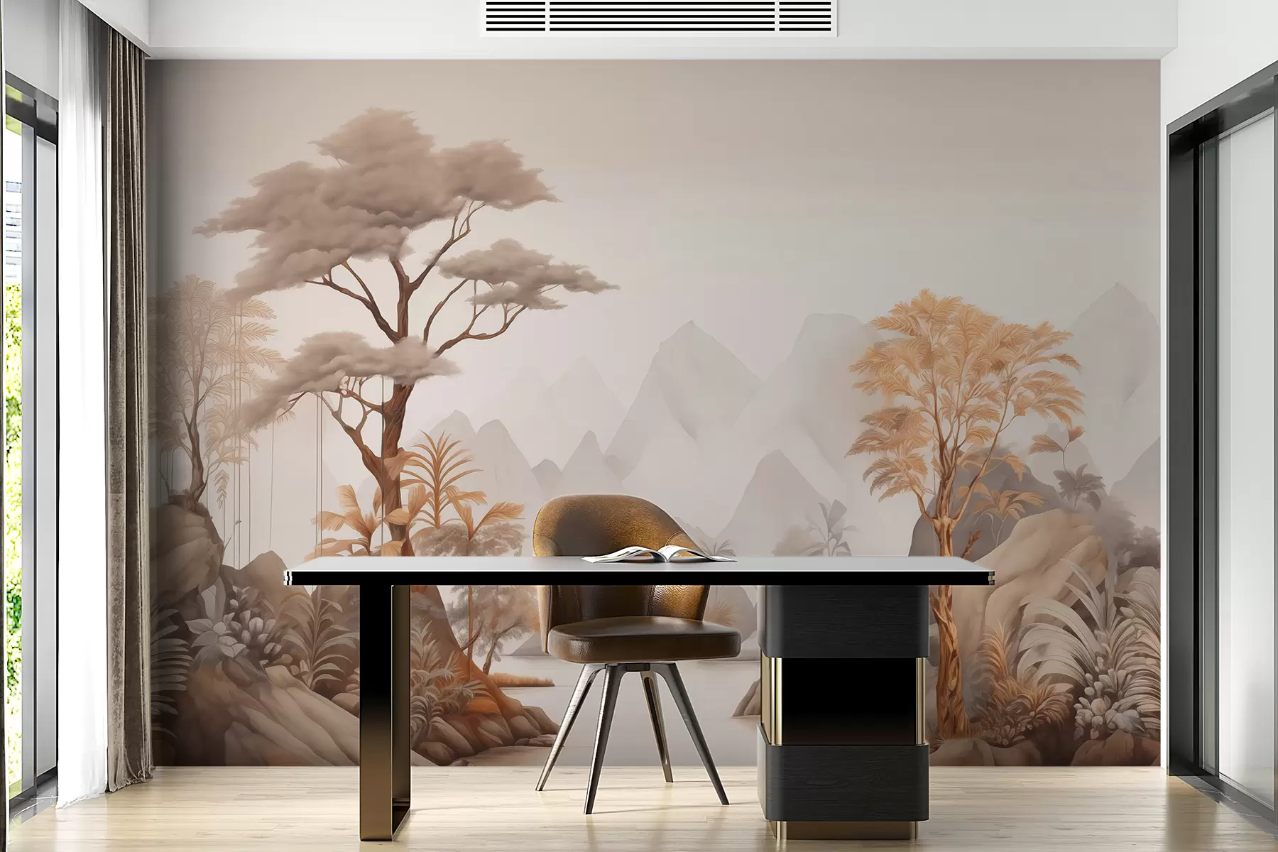 murales de pared Paisaje vintage con árboles, palmeras junto al río con el telón de fondo de las montañas. w00741