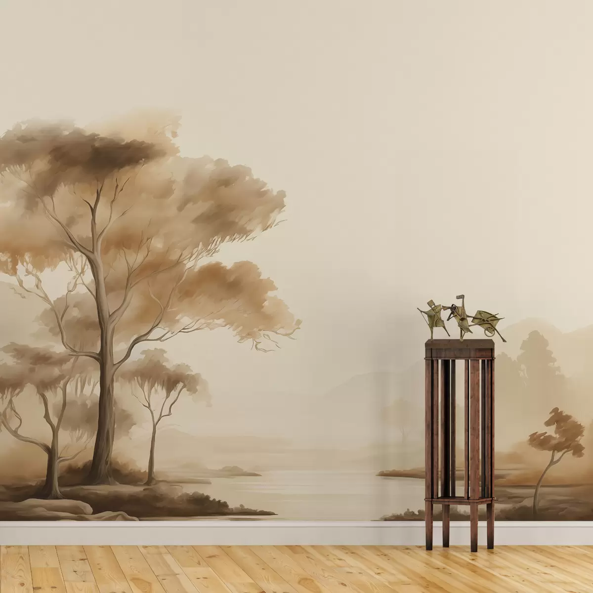 murales de pared Paisaje vintage con árbol junto al río y montañas a lo lejos, acuarela w00944