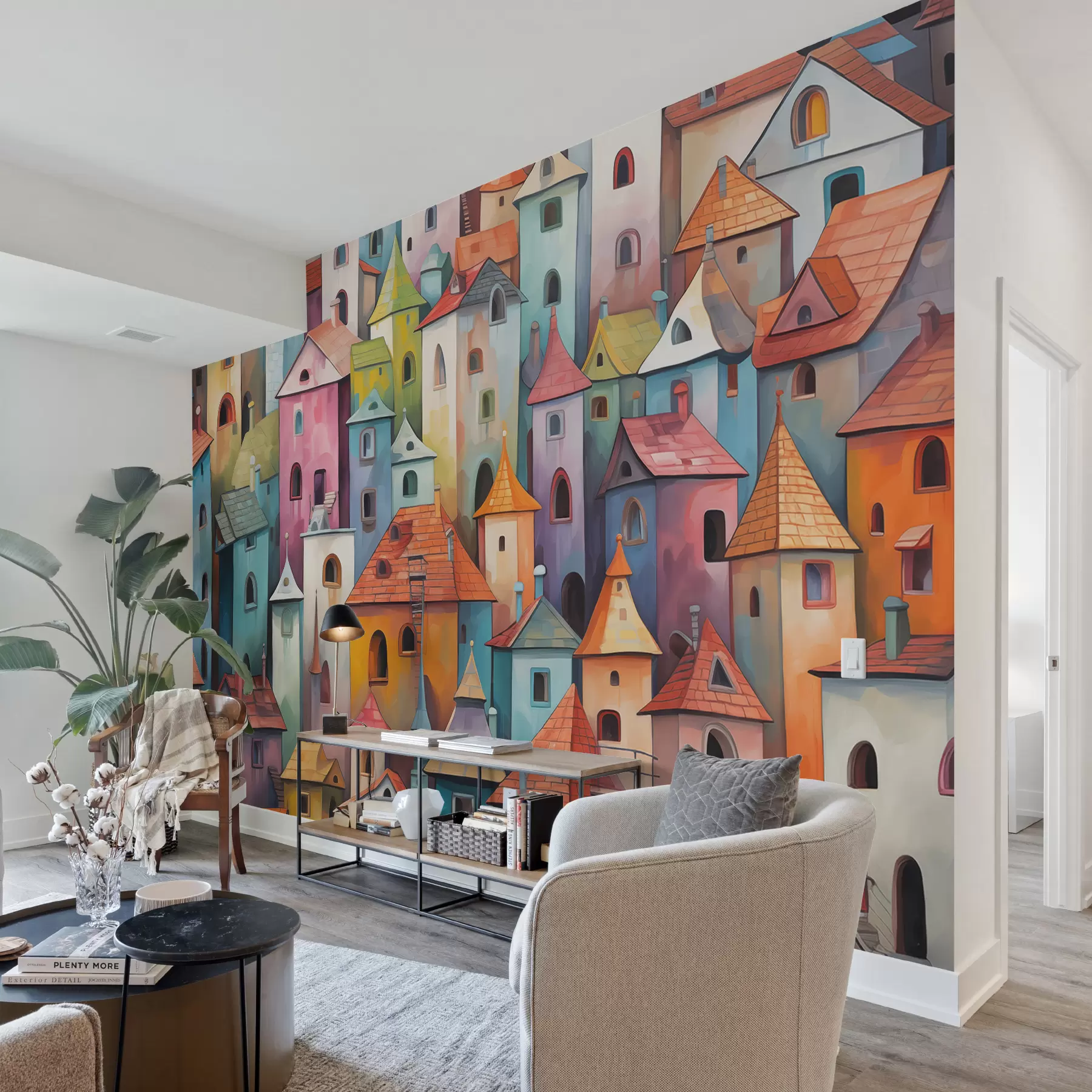 murales de pared Pintura de imitación de casas coloridas y brillantes con pinceladas w00946