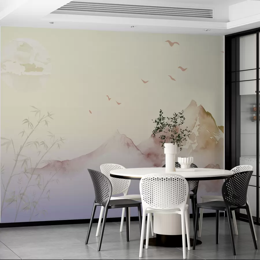 murales de pared Montañas en la niebla en tonos beige w01379