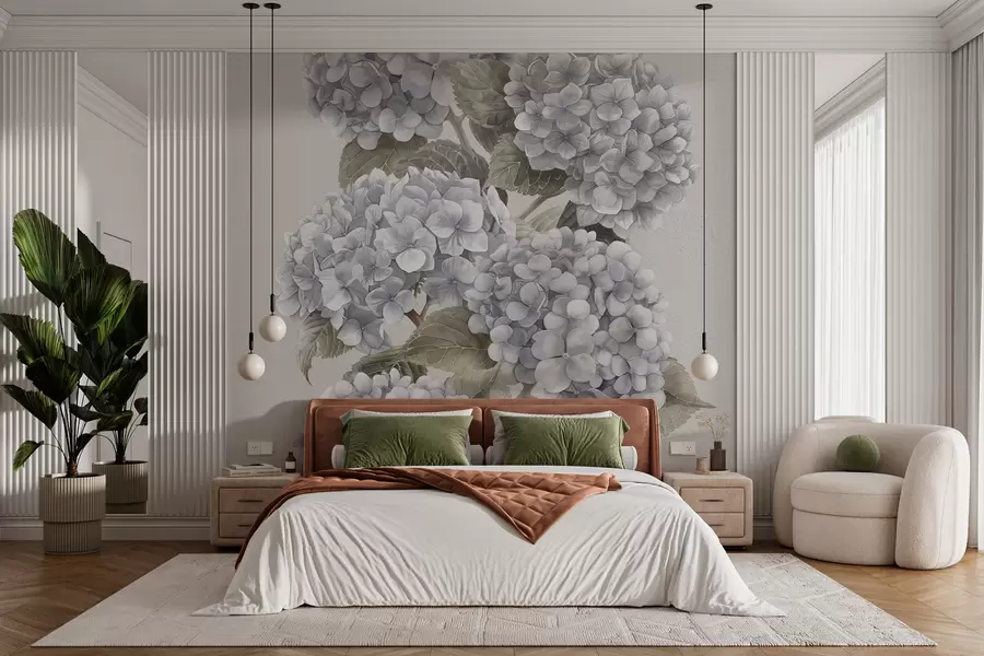murales de pared Ramas de hortensias en suaves colores pastel. w08176