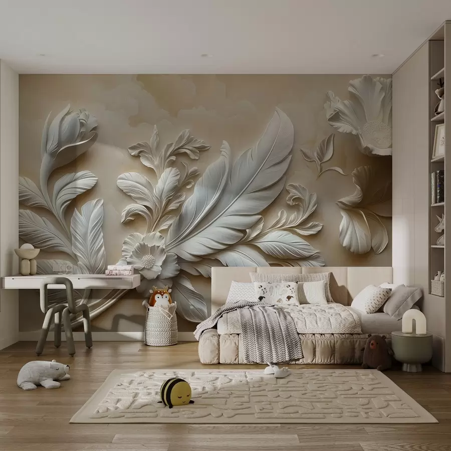 murales de pared Graciosas flores en relieve con hojas y plumas en tonos beige w01355