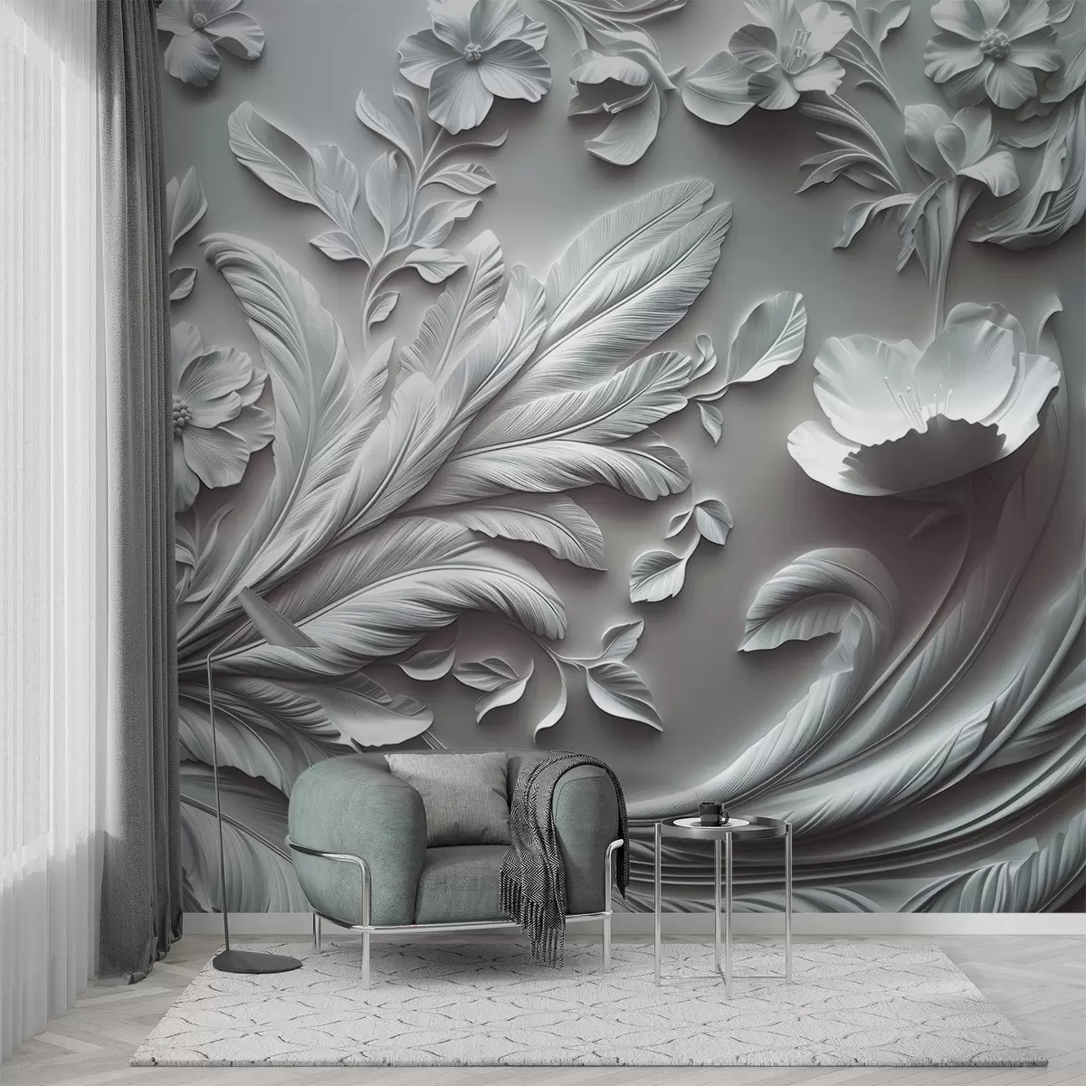 murales de pared Exquisitas flores y hojas en relieve en tonos grises. w01356v2