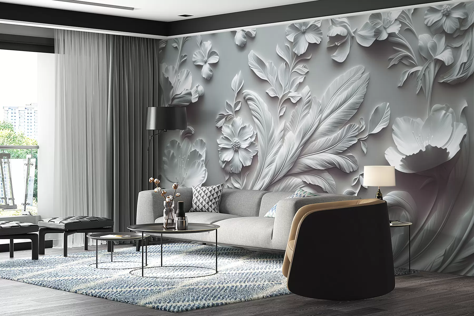 murales de pared Exquisitas flores y hojas en relieve en tonos grises w01356v2
