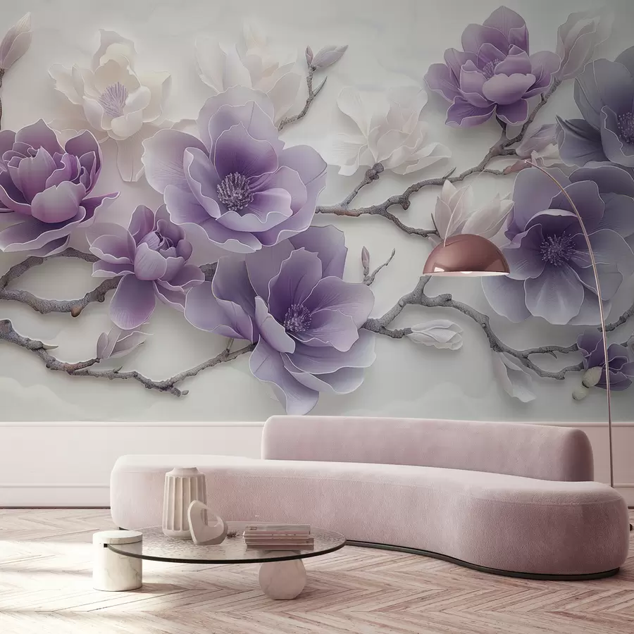 murales de pared Flores de magnolia con relieve morado en una rama elegante w01359