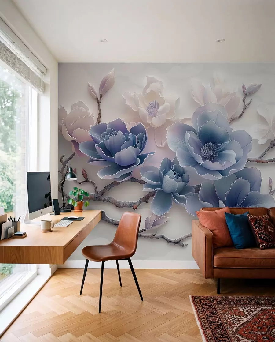 murales de pared Flores de magnolia en relieve azul sobre una rama elegante w01359v1