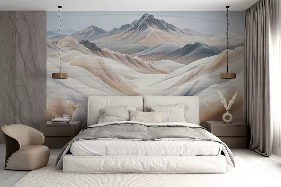 murales de pared Impresión de paisaje montañoso con picos nevados en tonos beige de estética minimalista.  w08191