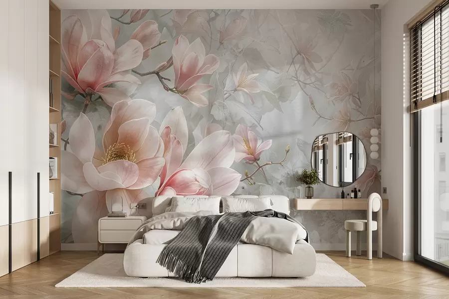 murales de pared Delicadas flores de magnolia rosa que florecen sobre un fondo floral gris suave y borroso w08192