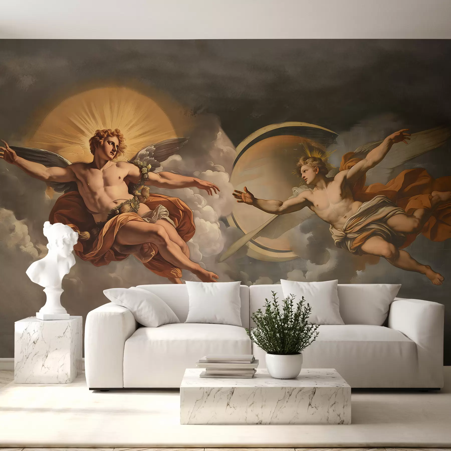 murales de pared Mural de pared al estilo de los frescos renacentistas en tonos beige y oscuros. Dos figuras masculinas de dioses que se estrechan las manos. w08137