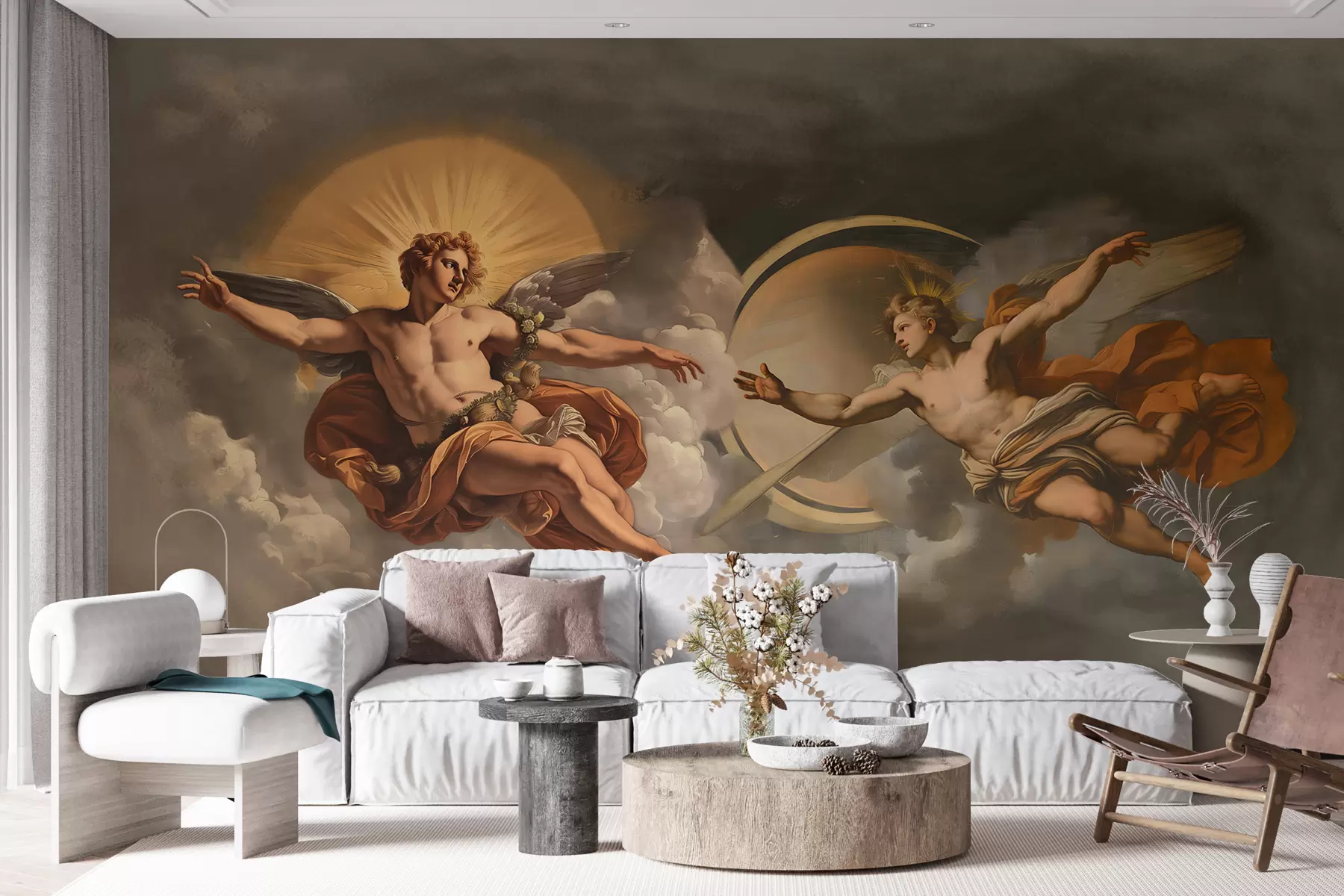 murales de pared Mural de pared al estilo de los frescos renacentistas en tonos beige y oscuros. Dos figuras masculinas de dioses que se estrechan las manos w08137