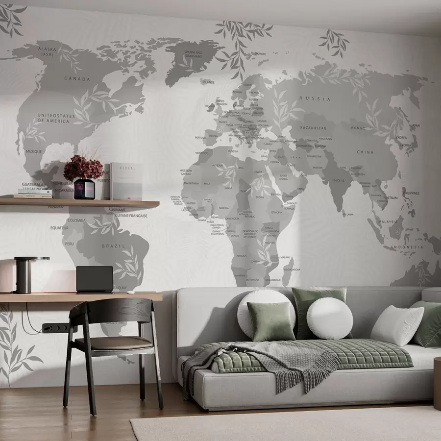 murales de pared Mapa del mundo elegante con hojas y plantas en color gris w08211v2