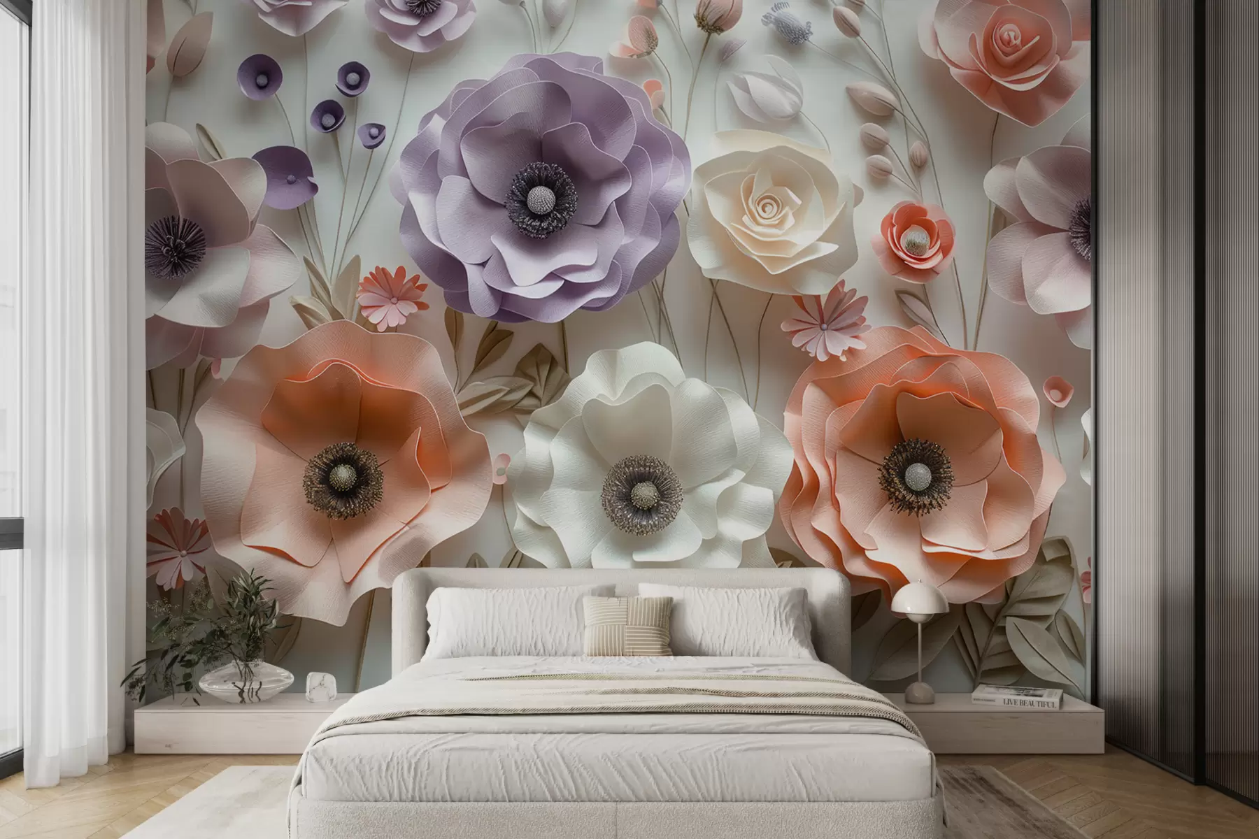 murales de pared Flores de papel 3D en colores contrastantes w01395