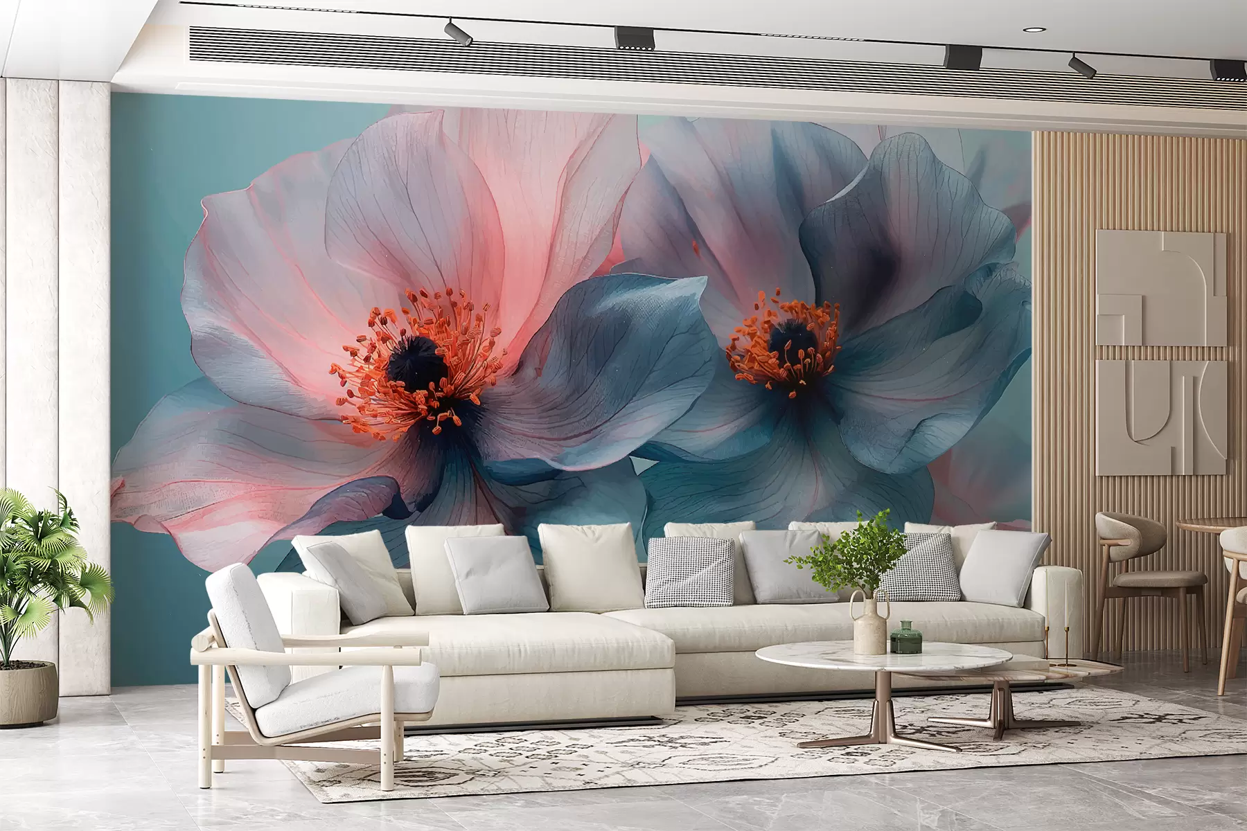 murales de pared Dos grandes magnolias, color azul, flores w01411