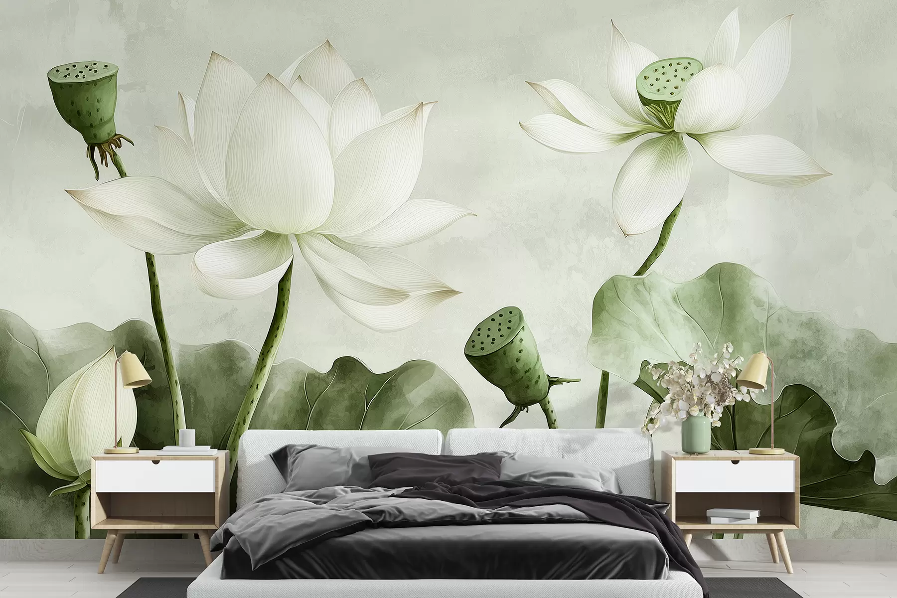 murales de pared Flores de loto, acuarela, naturaleza, composición floral, hojas grandes, colores verdes suaves. w01445v2