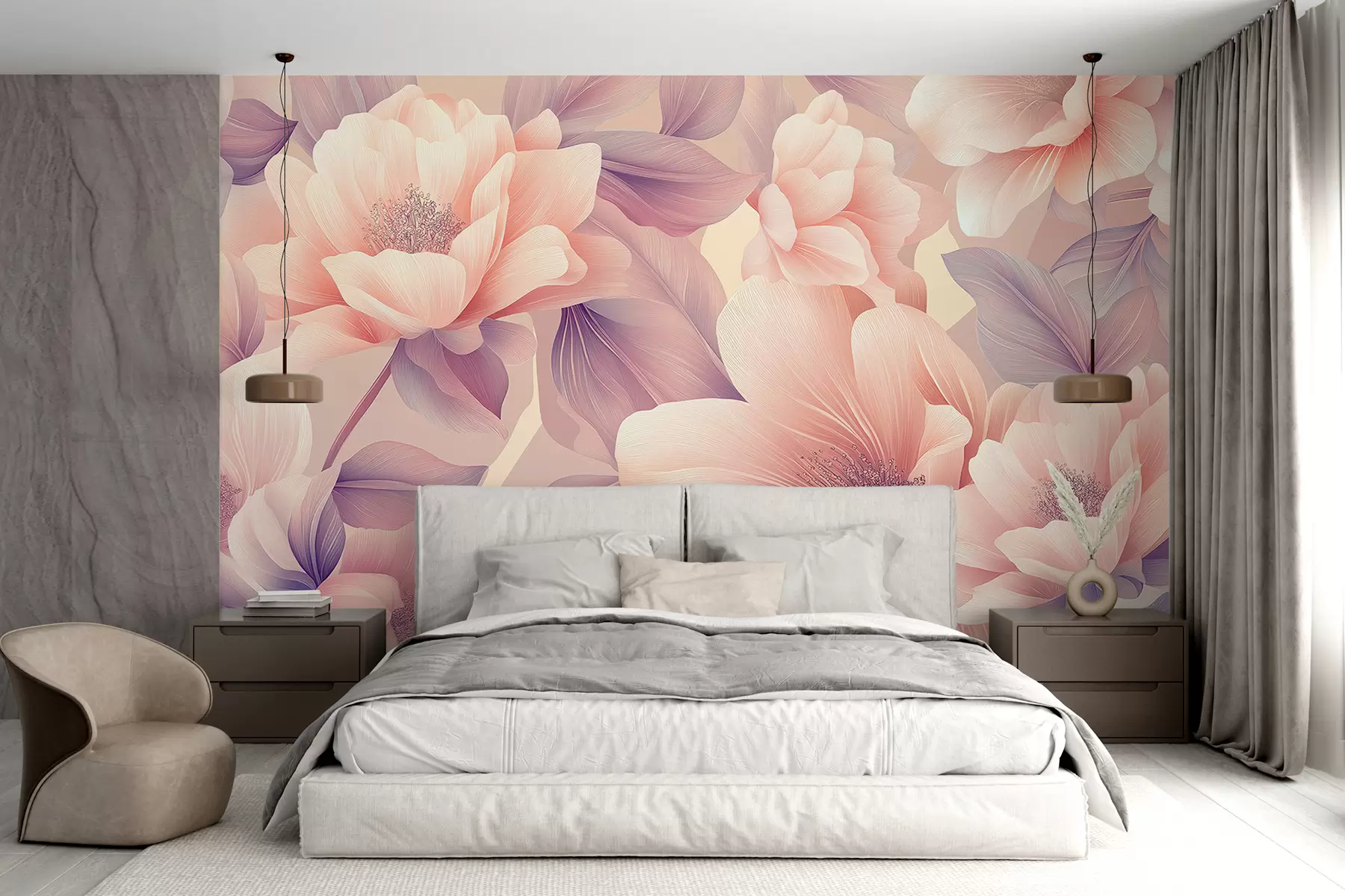 murales de pared Hermosas flores acrílicas, composición floral, naturaleza, colores pastel beige y rosa. w01449