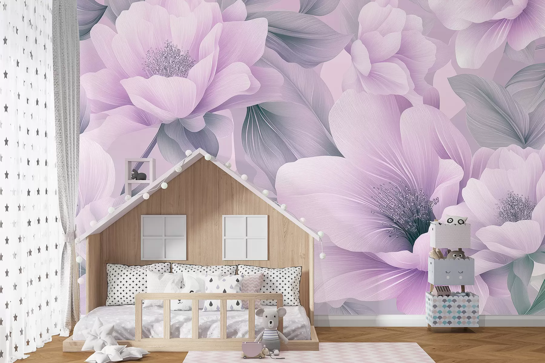 murales de pared Hermosas flores acrílicas, composición floral, naturaleza, colores pastel morado y rosa. w01449v1
