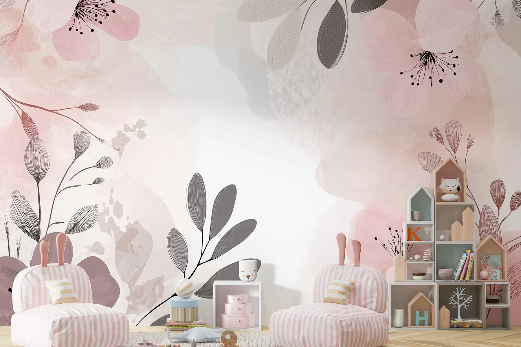 murales de pared Dibujo floral abstracto, naturaleza, flores grandes, pastel suave, paleta de colores rosa  w01451v1