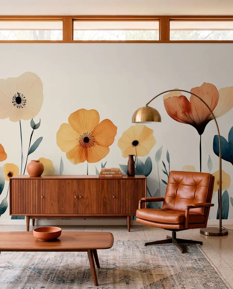 murales de pared Acuarela de flores de prado, rústica, composición floral, dibujo sencillo, beige, naranja, azul  w01453