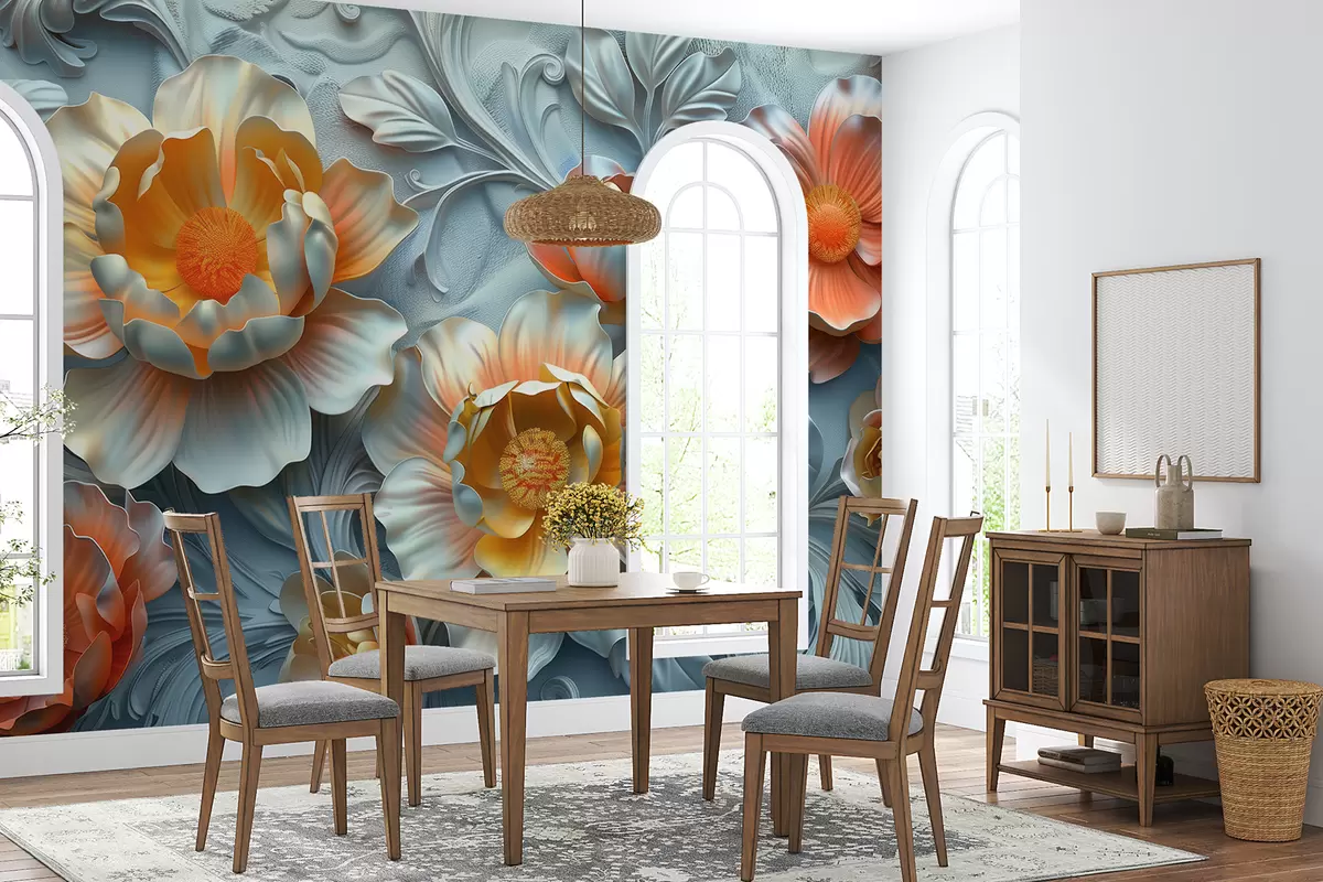 murales de pared Ilustración 3D de flores abstractas brillantes en estilo barroco sobre un fondo vegetal w01427