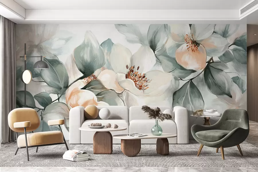 murales de pared Delicadas flores de magnolia blancas y rosas con hojas verdes suaves sobre un fondo claro. w08220