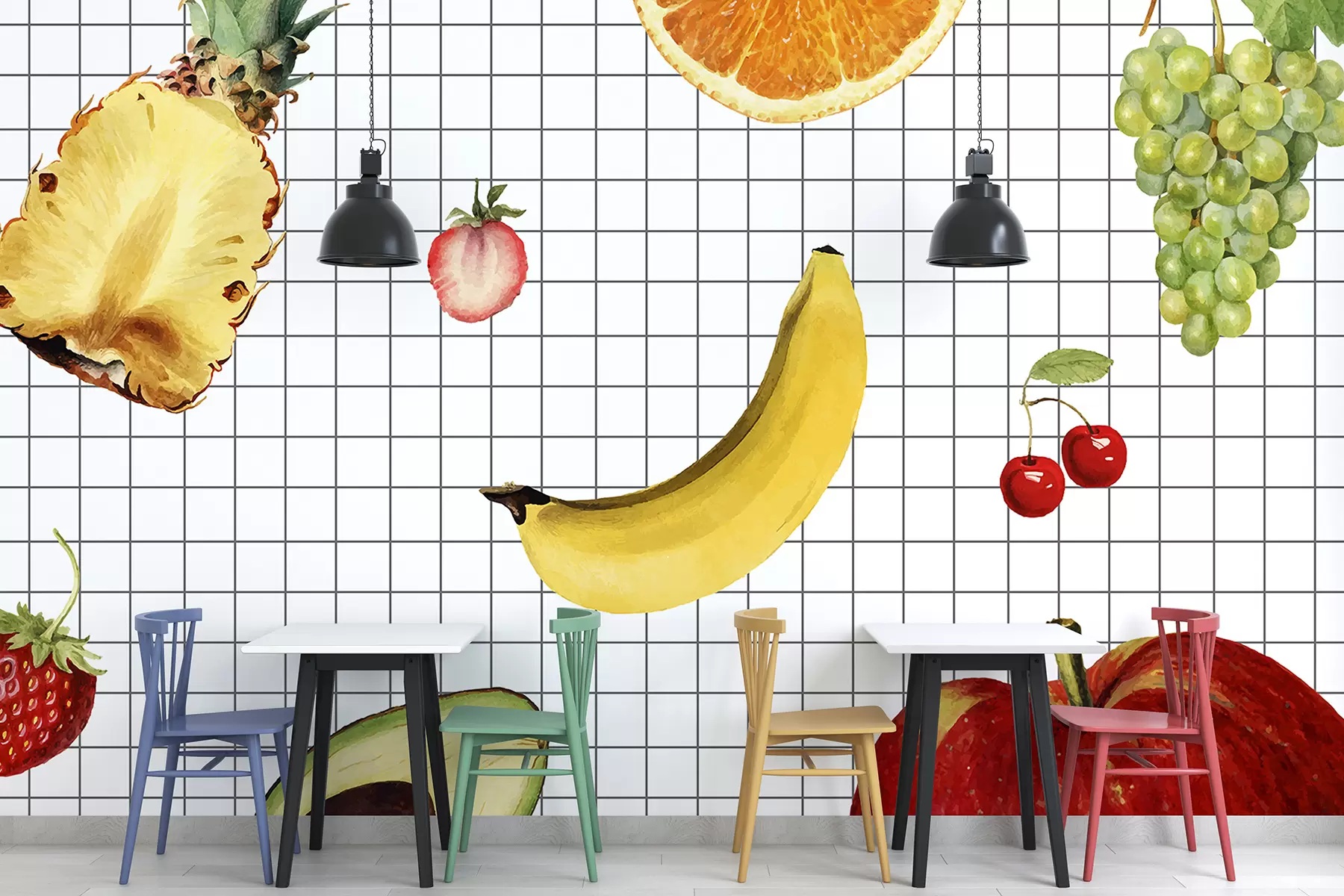 murales de pared Frutas frescas que incluyen piña, rodaja de naranja, plátano, aguacate y manzana roja sobre un fondo de cuadrícula blanca. w08224