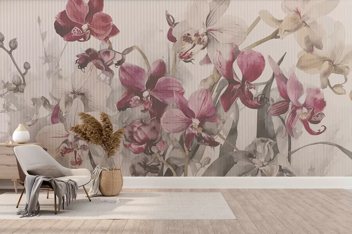 murales de pared Flores de orquídeas blancas y rosas vibrantes sobre un fondo con textura de acuarela clara w08225