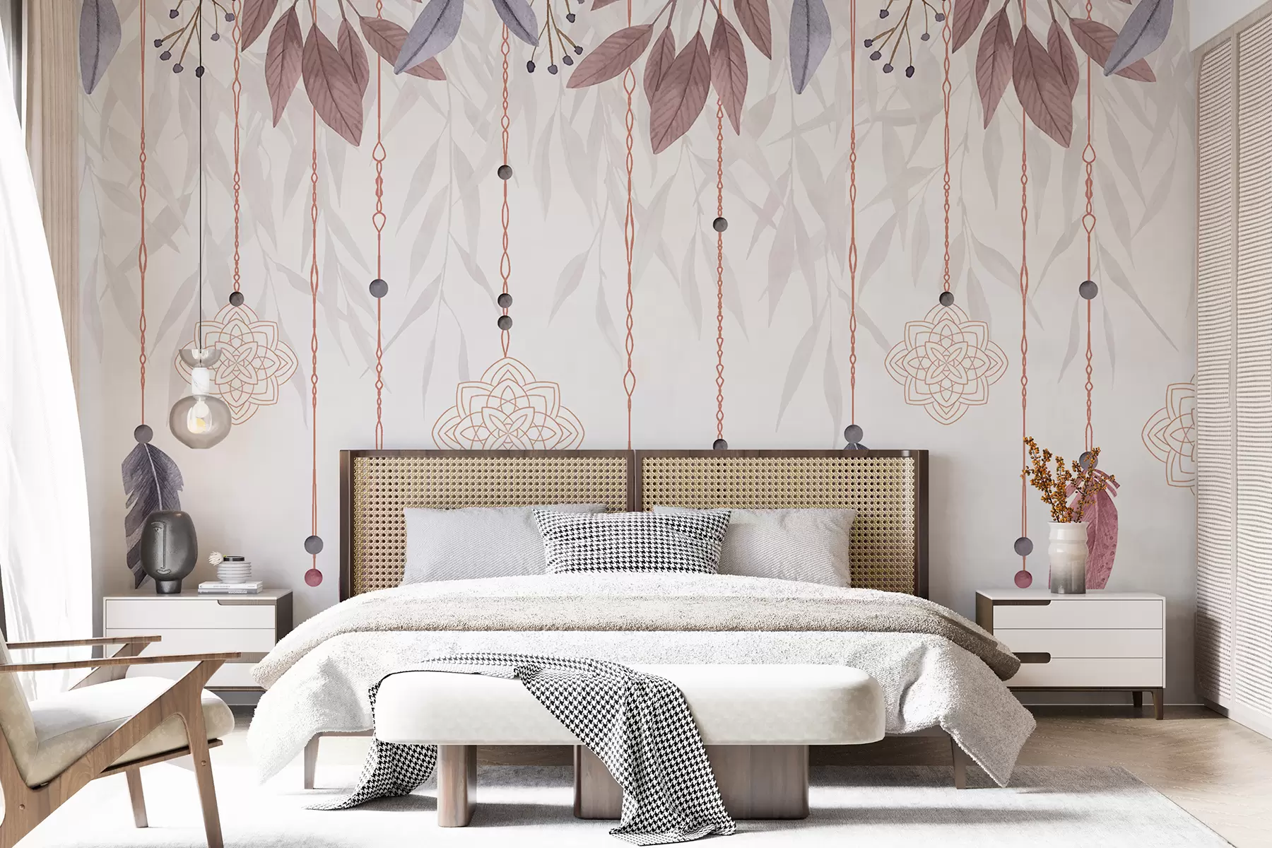 murales de pared Plumas colgantes y atrapasueños con elementos florales sobre un fondo blanco w08227