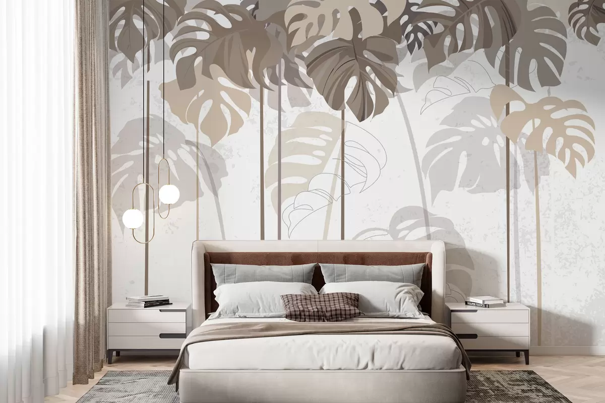 murales de pared Hojas de Monstera Tropics en tonos beige claro w01454
