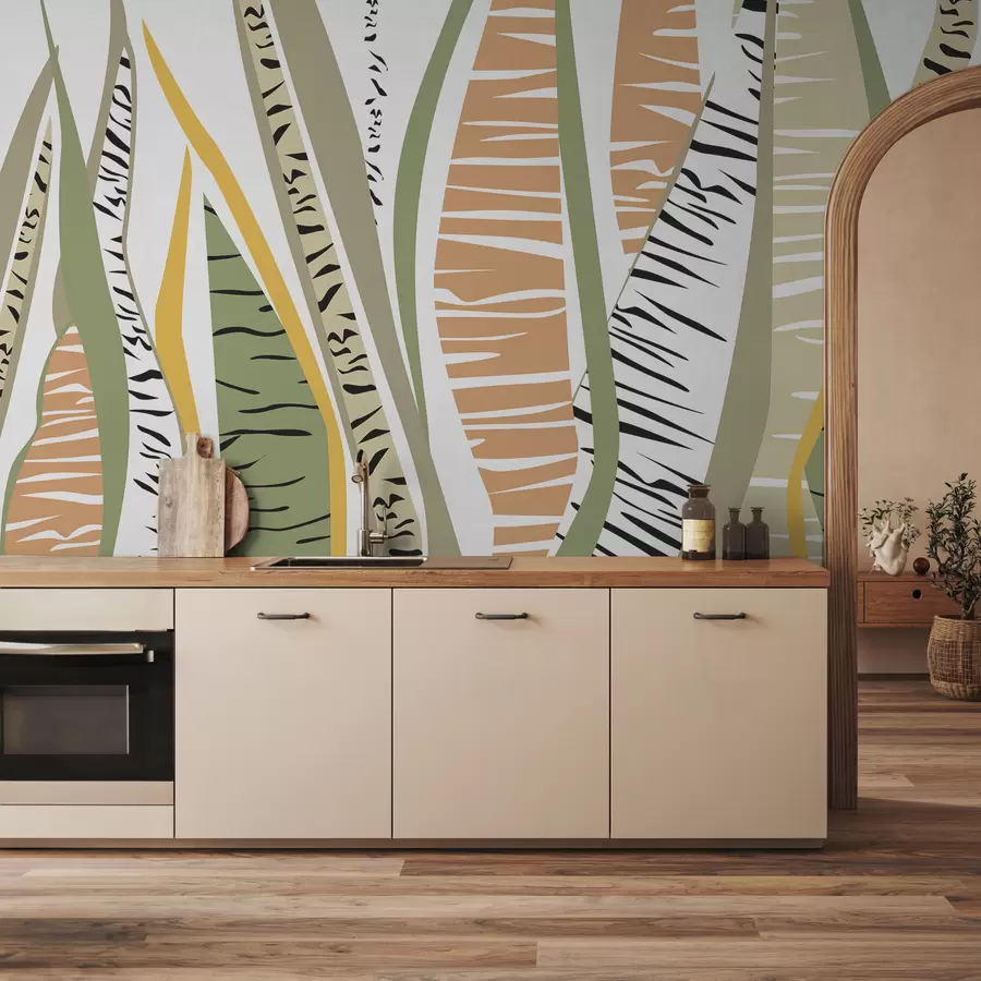 murales de pared Vegetación estilizada y hojas con rayas horizontales y verticales. w01001v1