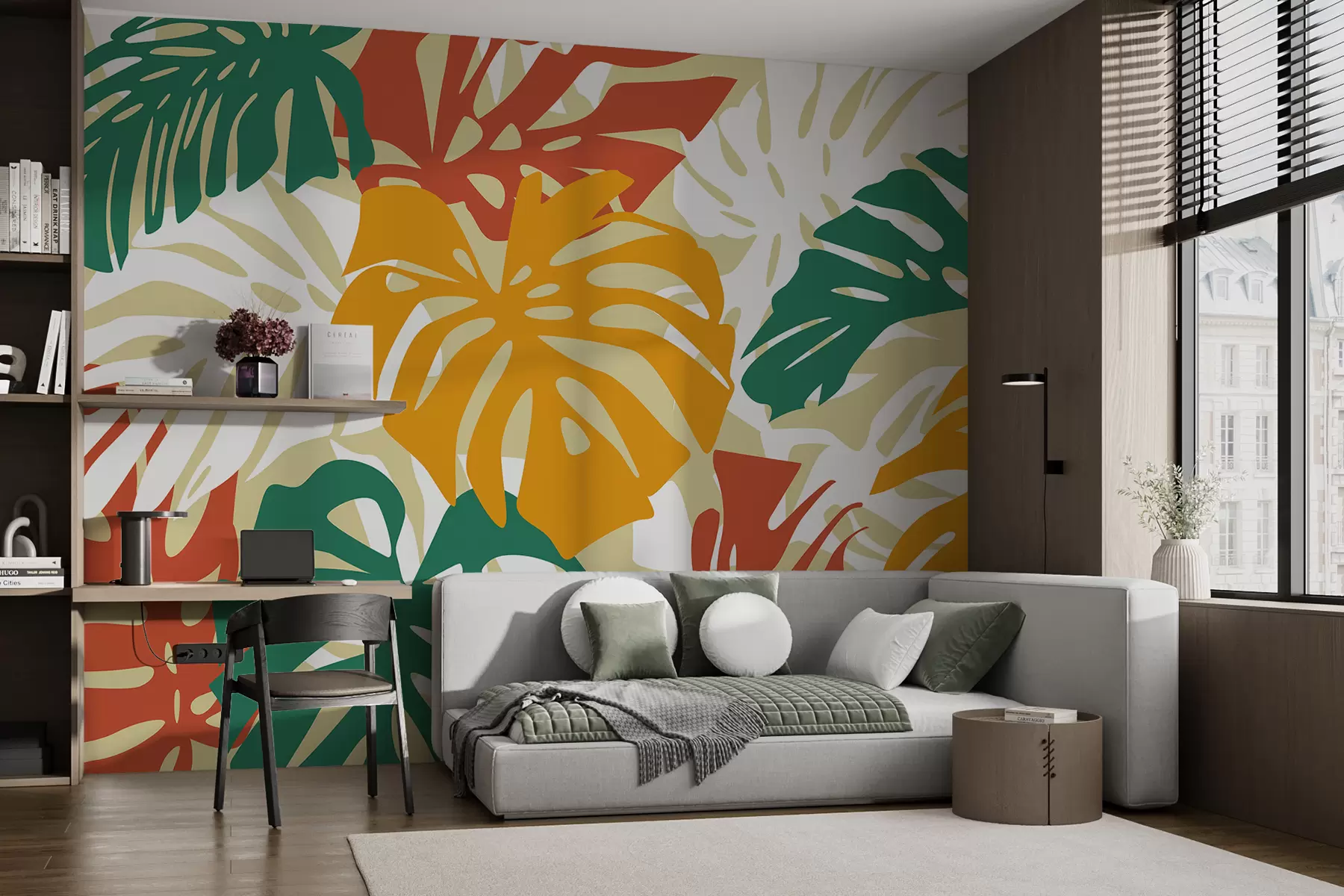 murales de pared Hojas de monstera tropical brillantes, tonos amarillos, beige, verdes y rojos. w01002v1