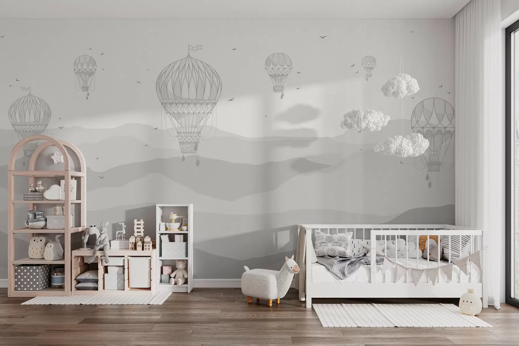 murales de pared Globos y montañas de color gris w01462v4