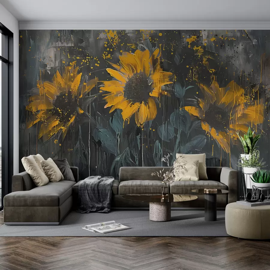 murales de pared Cuadro abstracto de girasoles, fondo gris oscuro y tonos amarillos w01480