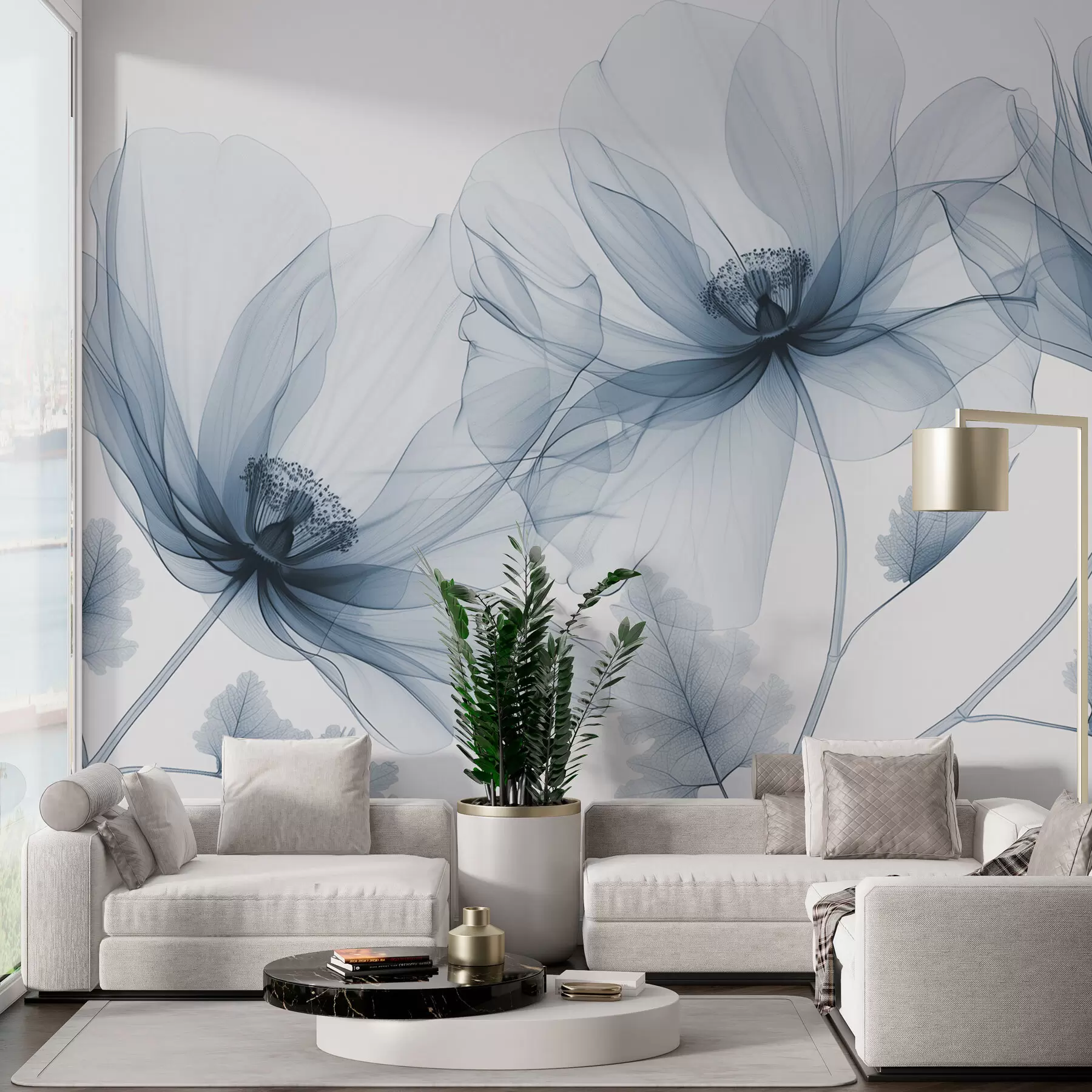 murales de pared Flor azul transparente en estilo de rayos X sobre fondo blanco Diseño botánico monocromático minimalista w01482v1