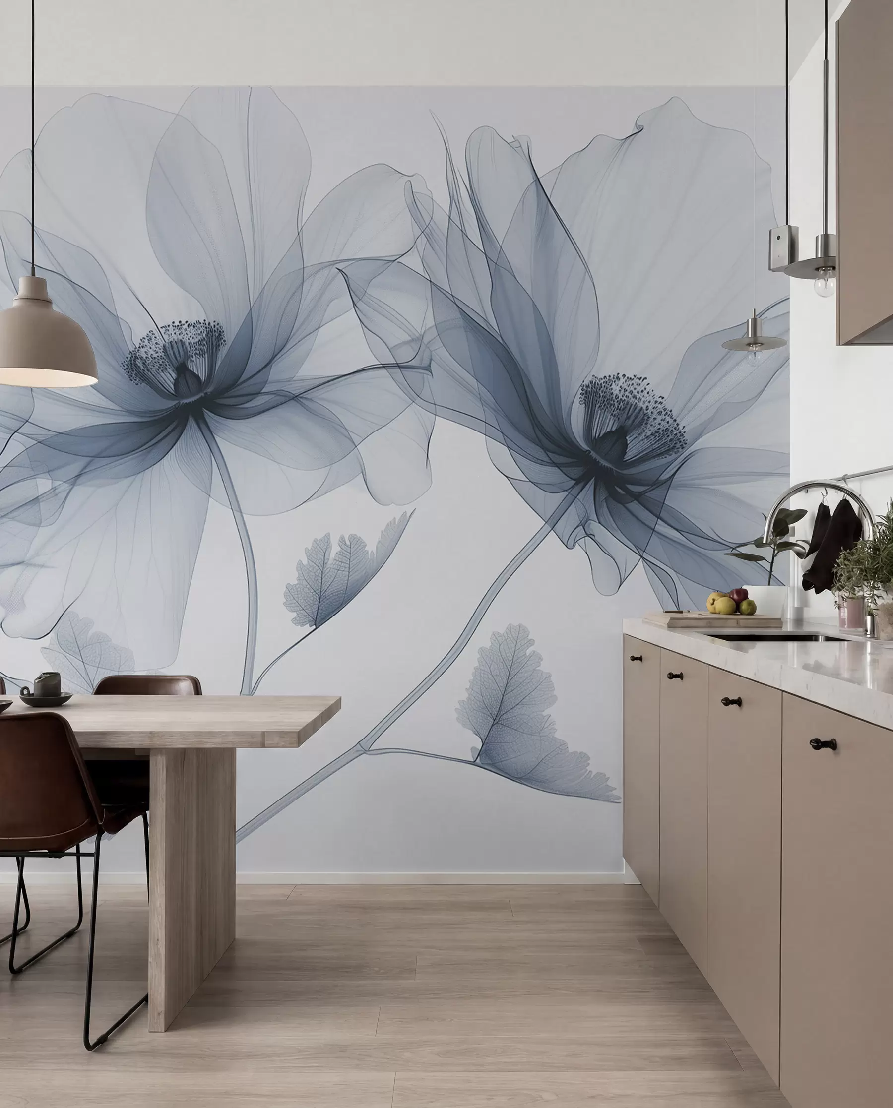 murales de pared Flor azul transparente en estilo de rayos X sobre fondo blanco Diseño botánico monocromático minimalista w01482v1