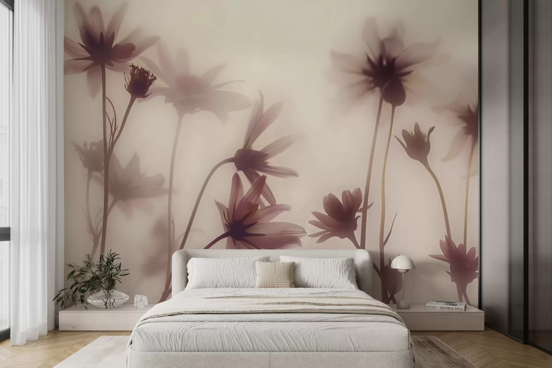 murales de pared Delicadas flores en la niebla en colores morados. w01468v2