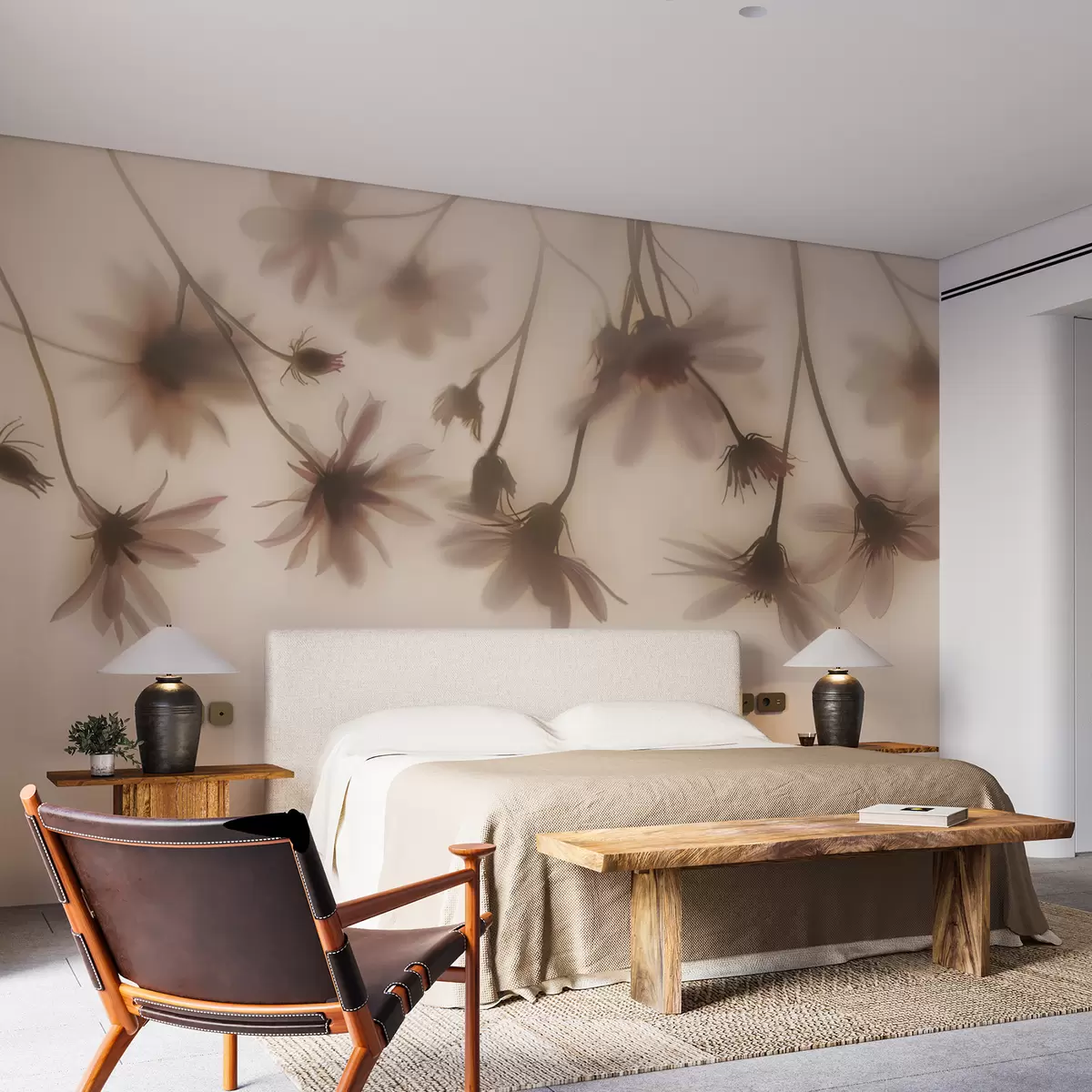 murales de pared Delicadas flores en la niebla colgando desde arriba en colores rosados w01469