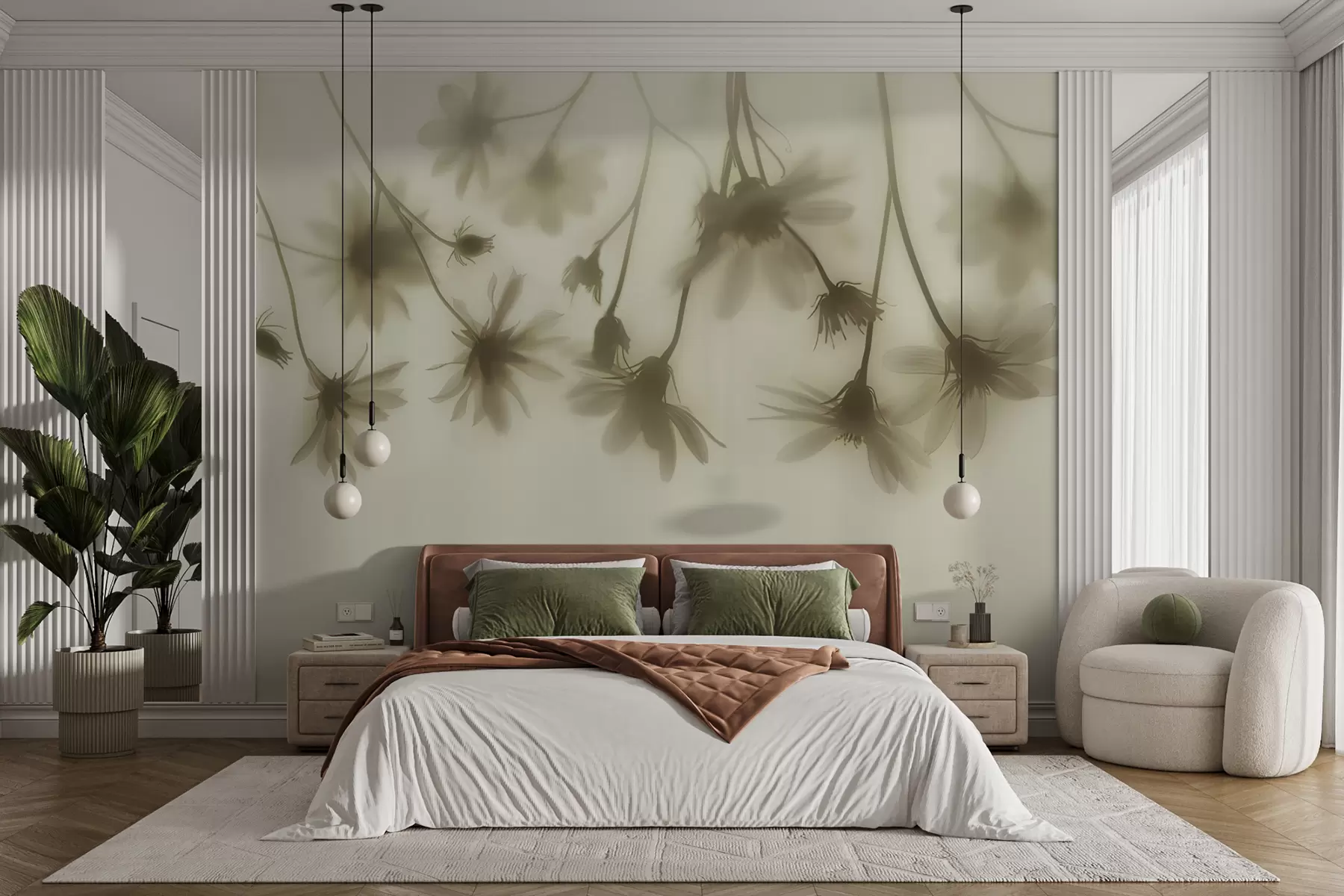 murales de pared Delicadas flores en la niebla colgando desde arriba en colores pastel w01469v1