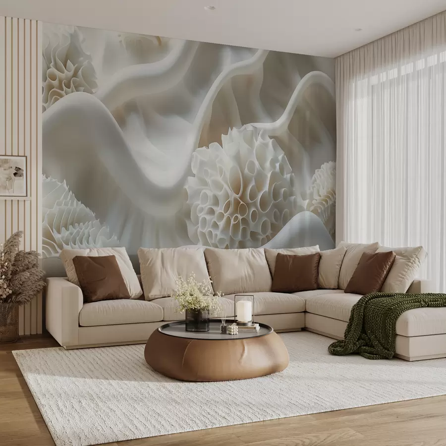 murales de pared Fondo abstracto ondulado de formas blancas en estilo 3D w01475