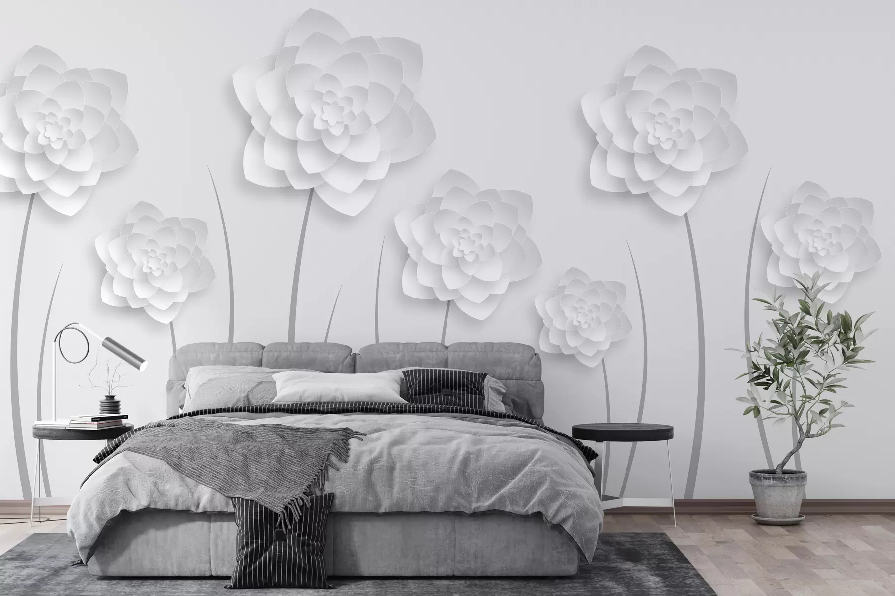 murales de pared Flores grandes con imitación de volumen en estilo papel sobre fondo gris claro con tallo gris w01021