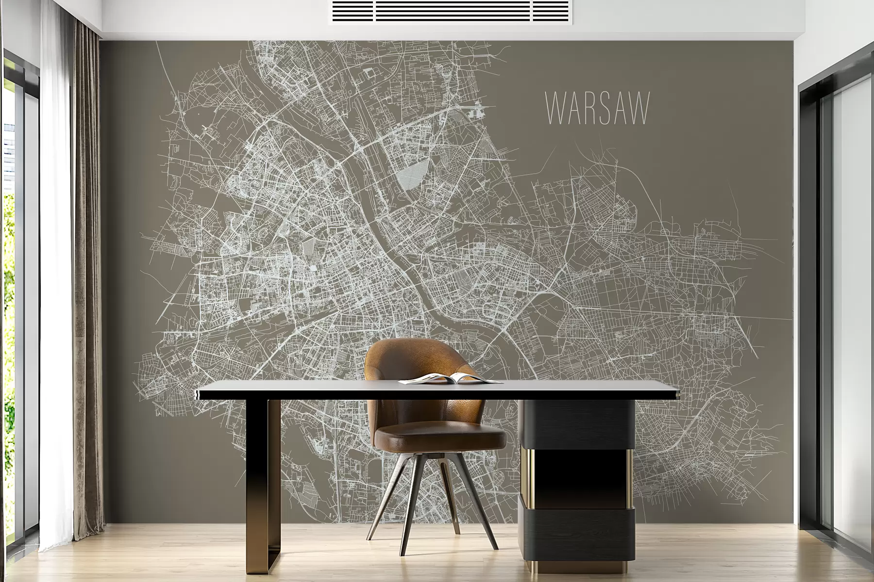 murales de pared Mapa ampliado Mural mural de la ciudad de Varsovia sobre fondo marrón  w01022v1