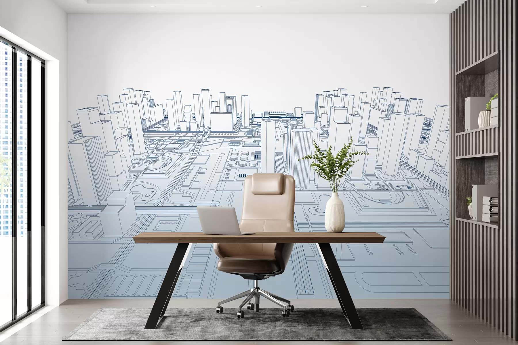 murales de pared Dibujo lineal 3D de calles y edificios en tonos azules para espacios de oficinas y aulas. w01026v1