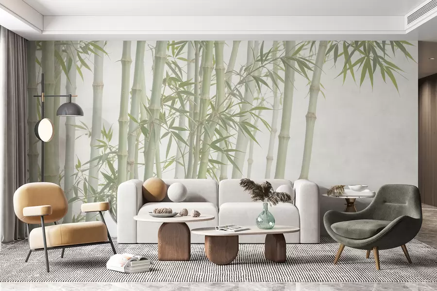 murales de pared Un denso bosque de bambú con altos tallos de bambú y hojas verdes sobre un fondo suave y brumoso w08237