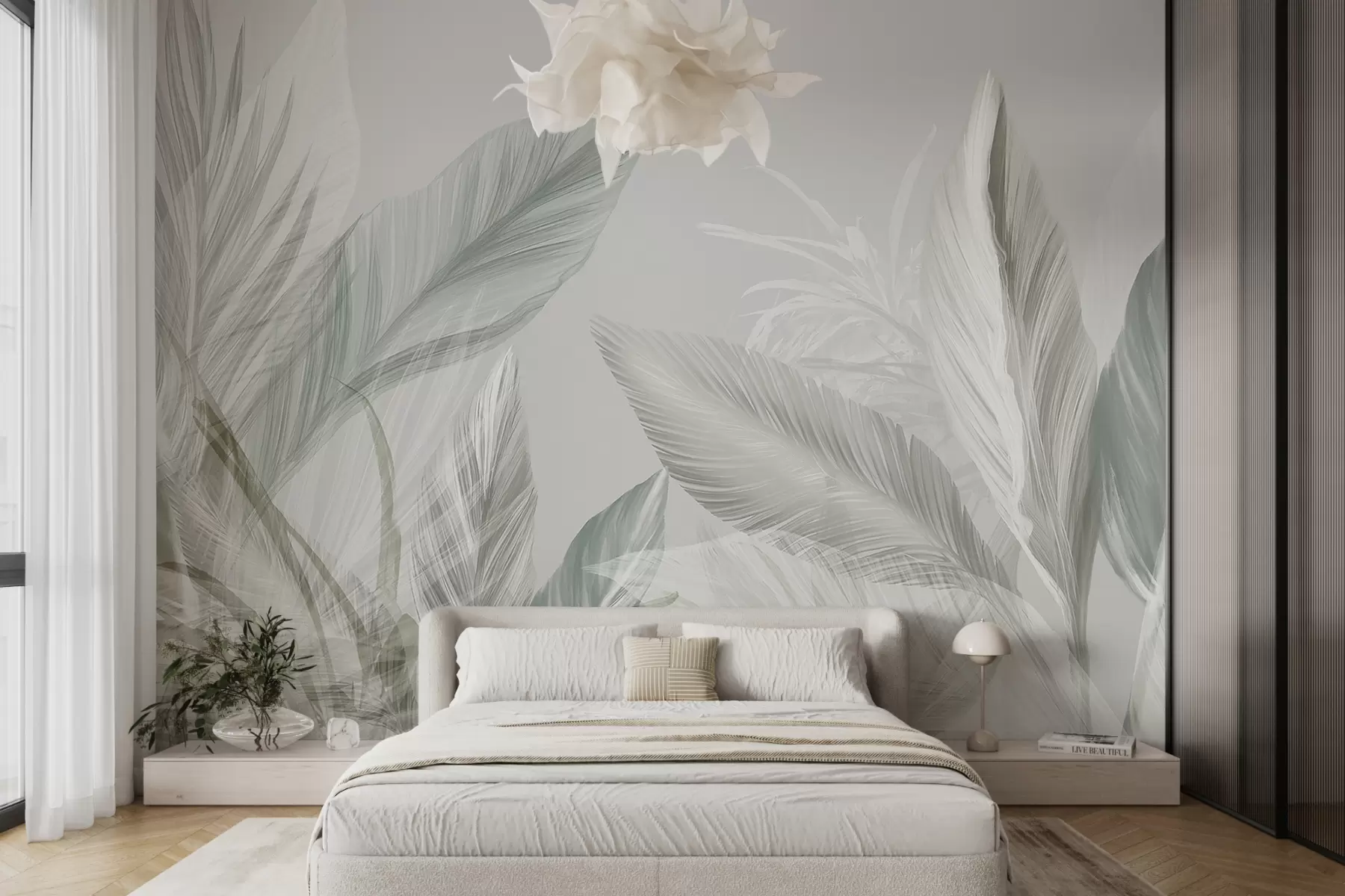 murales de pared Suaves plumas blancas, verdes y grises y hojas tropicales flotando sobre un fondo claro. w08241