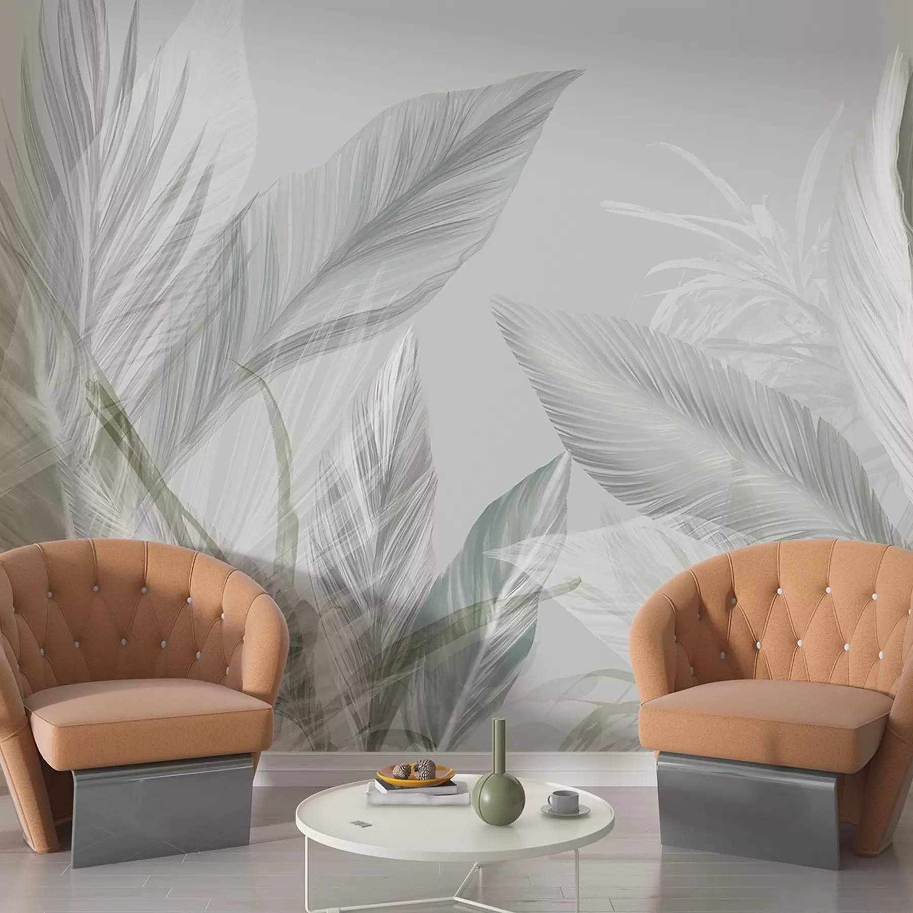 murales de pared Suaves plumas blancas, verdes y grises y hojas tropicales flotando sobre un fondo claro w08241