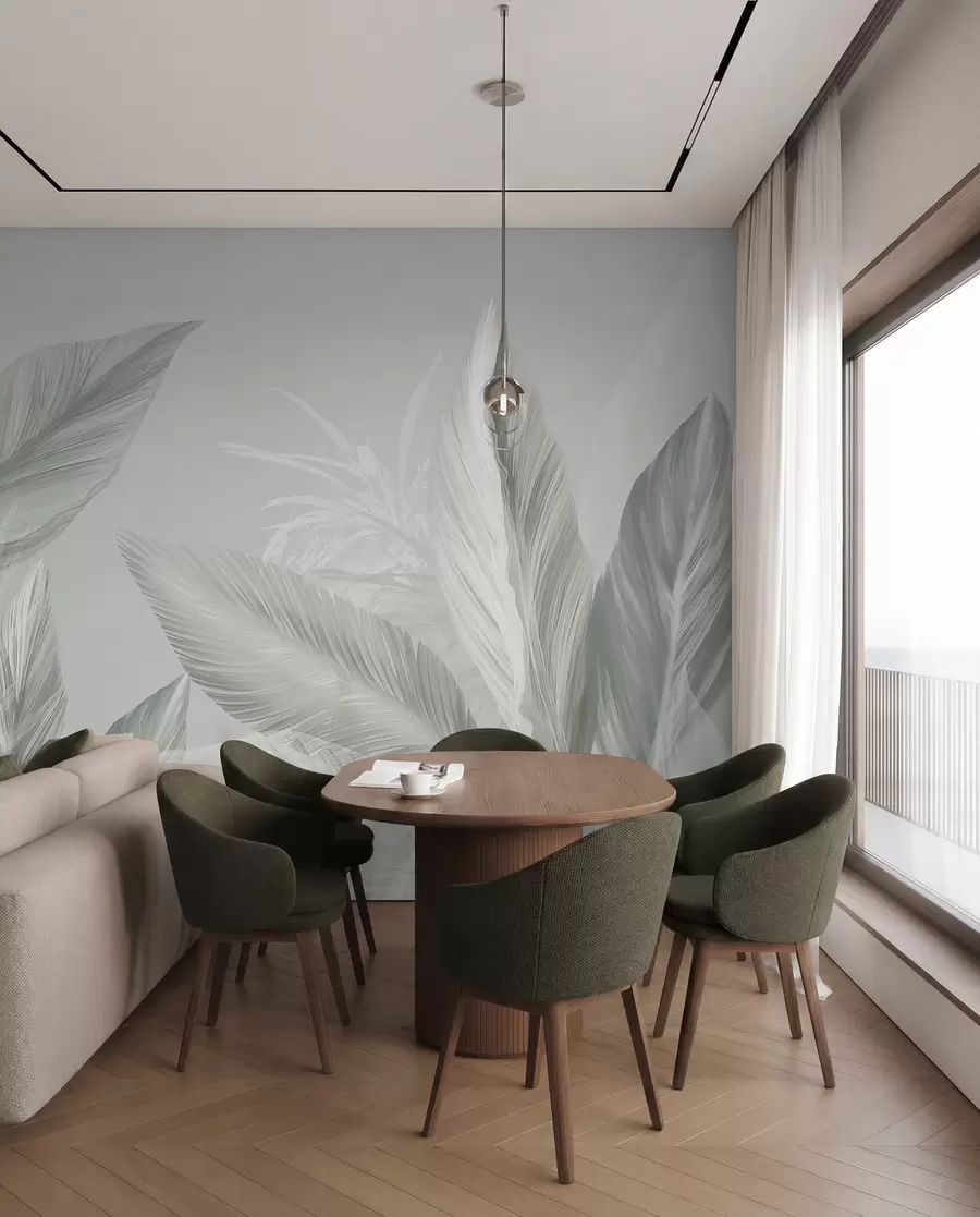 murales de pared Suaves plumas blancas, verdes y grises y hojas tropicales flotando sobre un fondo claro w08241