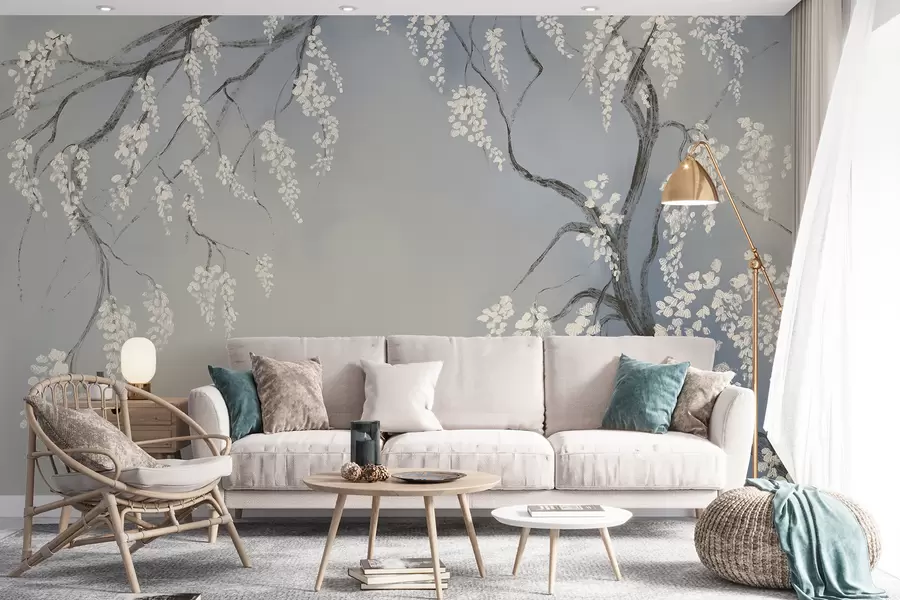 murales de pared Delicado cerezo blanco con flores floreciendo en las ramas sobre fondo azul w08243v1
